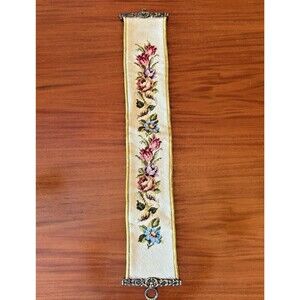 VTG Brass Bell Pull Roses Petit Point Embroidery 33.5” Olive Velvet Cottage Core